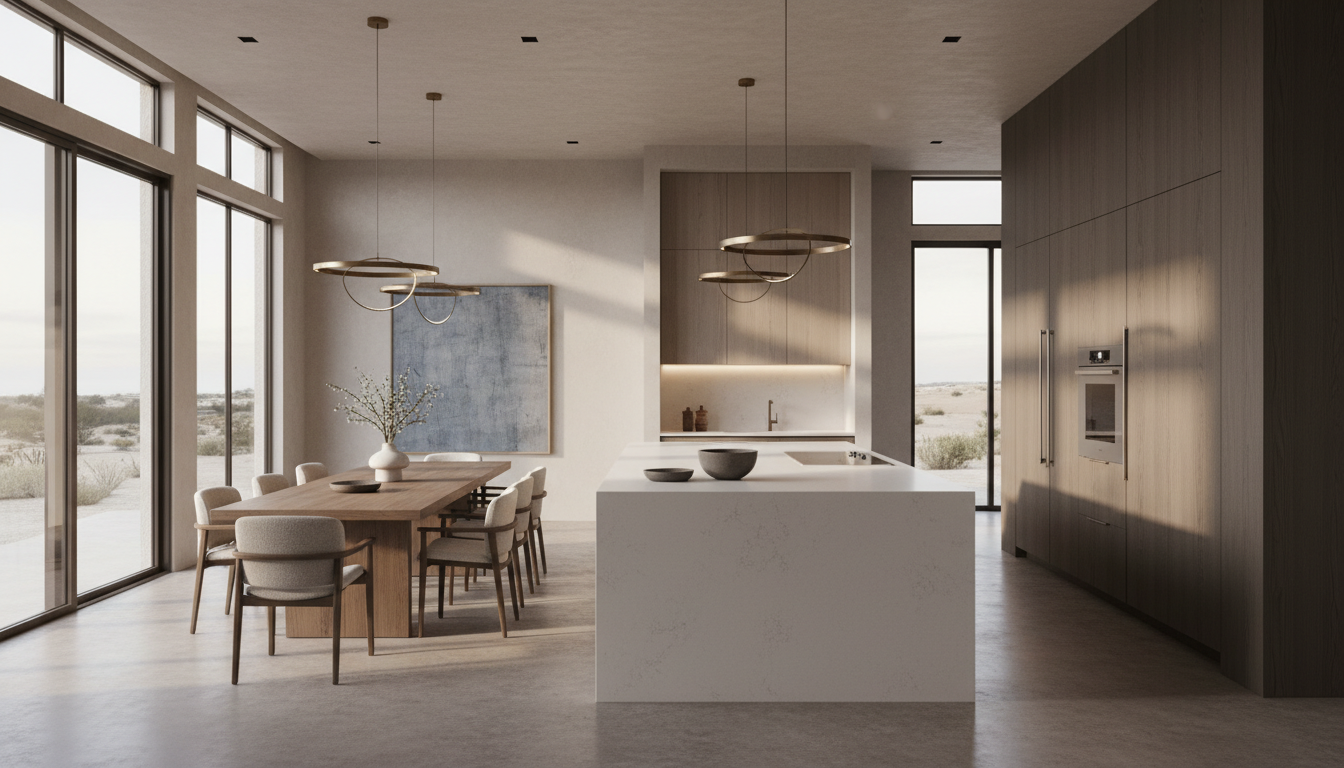 Modern kitchen and dining area in a light-filled home